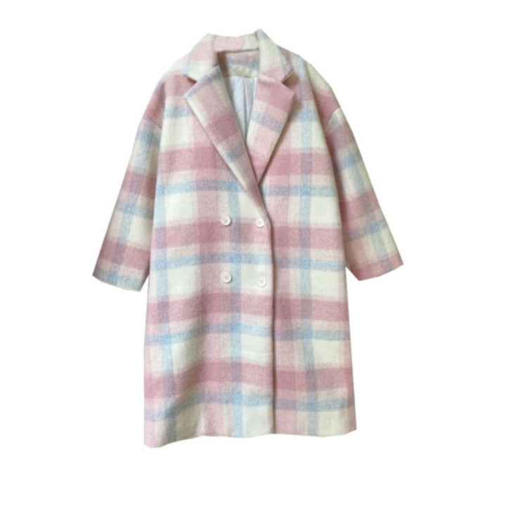 Damira - Women's Double-Breasted Wool Blend Coat in Pastel Check