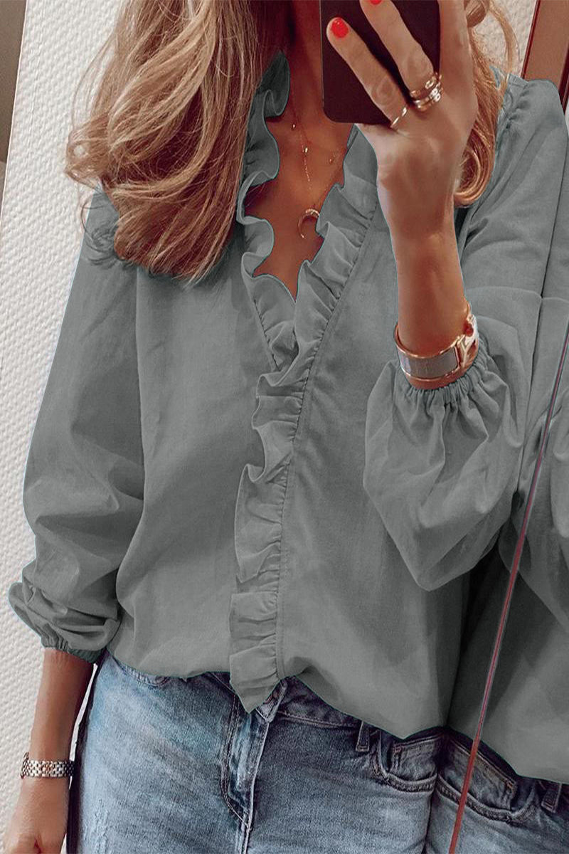Ruffled Long Sleeve V-Neck Blouse