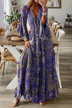 Bohemian V-Neck Dress with Flared Trumpet Sleeves