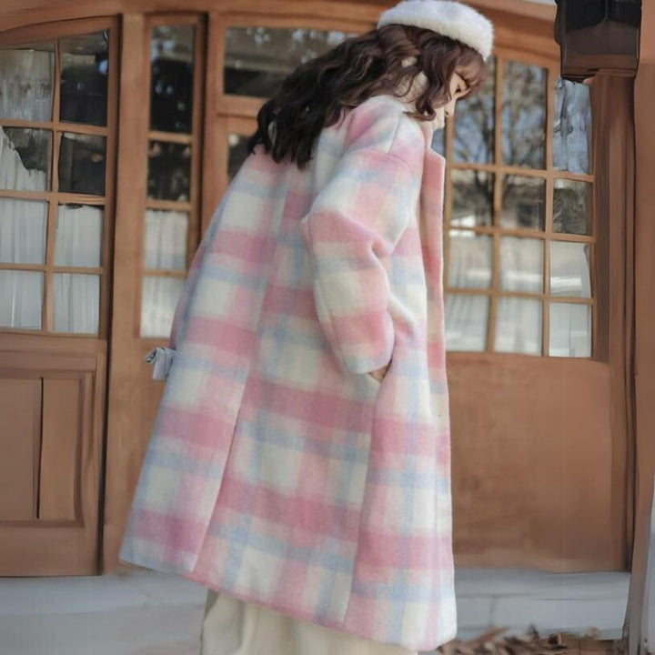 Damira - Women's Double-Breasted Wool Blend Coat in Pastel Check