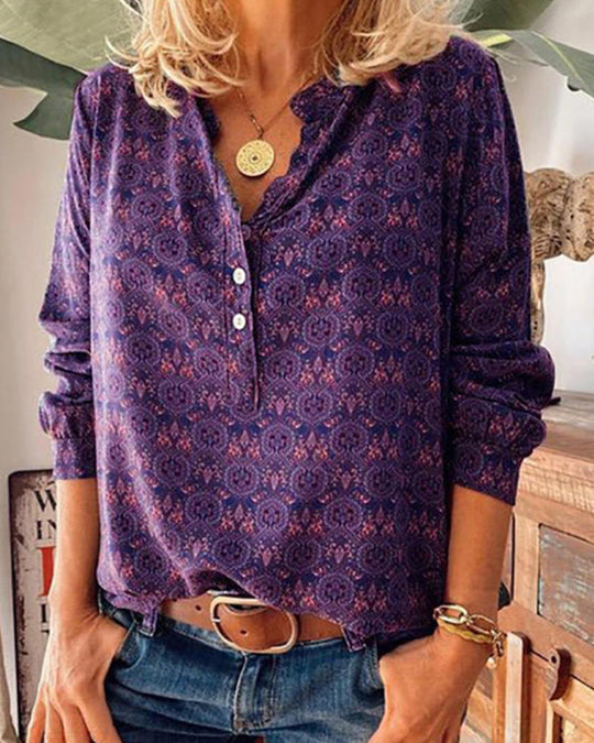 Retro-Inspired Long Sleeve Blouse with Vintage Print