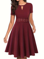 Chic Blue Lace-Detail Dress with Tailored Waist