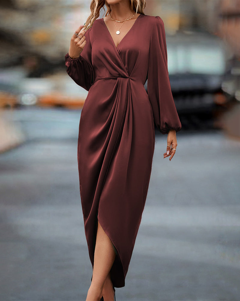 Gracia - Stylish V-Neck Dress with Elegant Lantern Sleeves