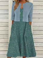 Stylish Floral Two-Piece Dress Set with Solid Crop Top and Round Neckline