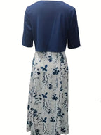 Stylish Floral Two-Piece Dress Set with Solid Crop Top and Round Neckline