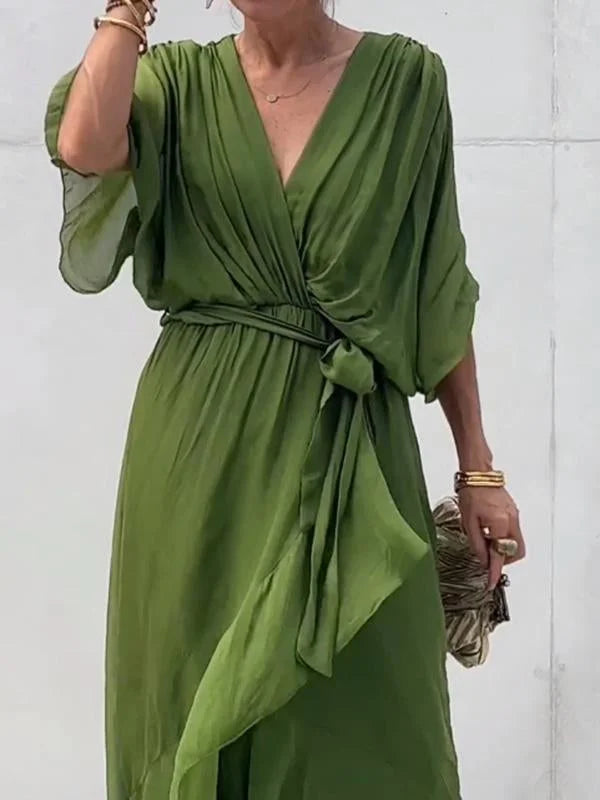 Women's Green V-Neck Chiffon Dress for Summer