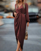 Gracia - Stylish V-Neck Dress with Elegant Lantern Sleeves