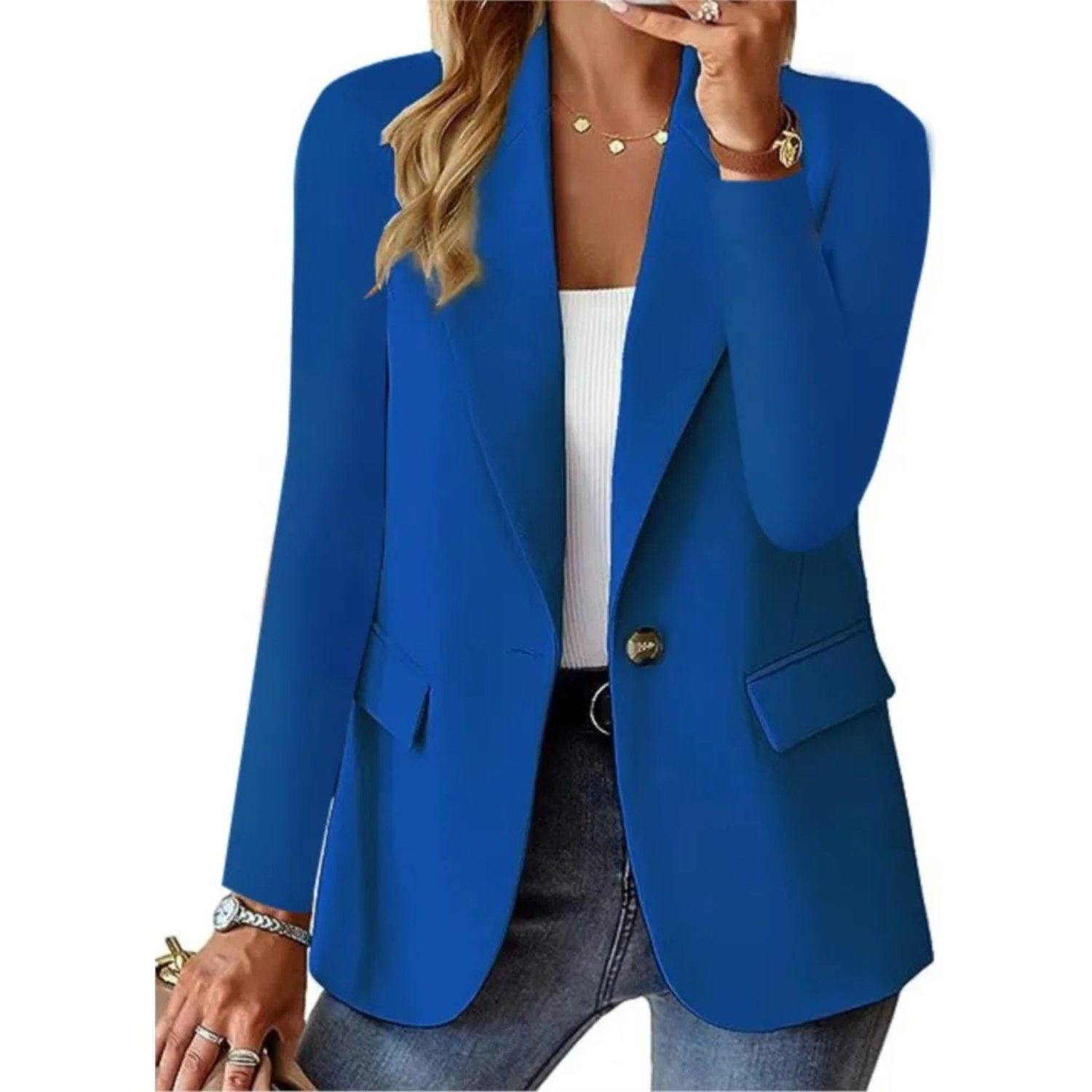 Women's Blazer with Button Closure and Functional Pockets
