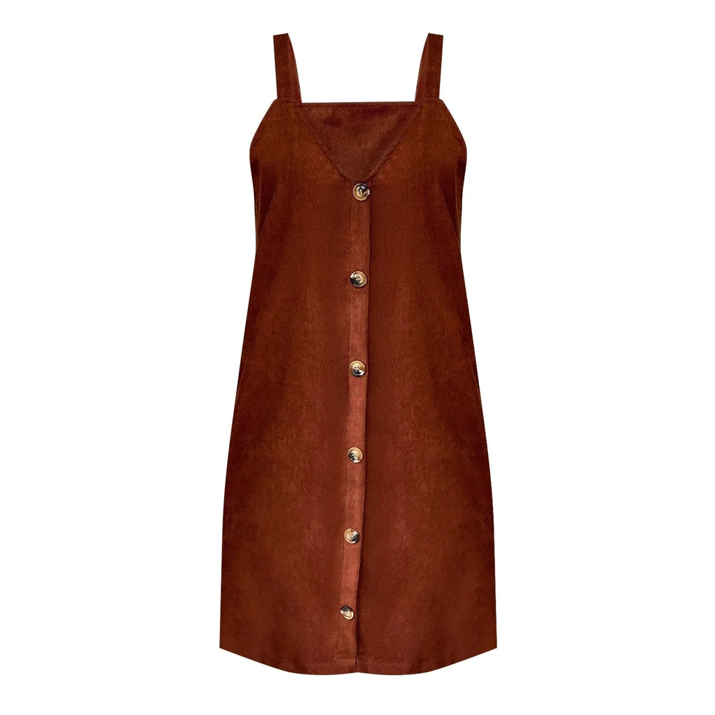 V-Neck Corduroy Dress with Strap Details and Button Accents