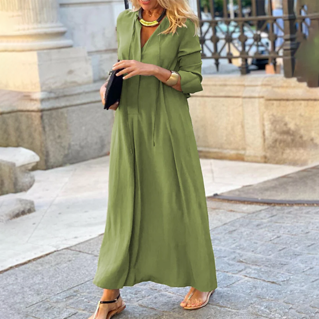 Stylish V-Neck Maxi Dress for Summer with Elbow-Length Sleeves