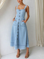 Casual Strap Denim Midi Dress with Button-Up Detail