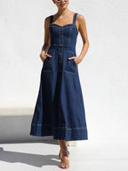 Casual Strap Denim Midi Dress with Button-Up Detail