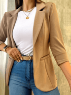 Stylish Women's Solid Blazer with Pockets, Lapel Collar, and Long Sleeves