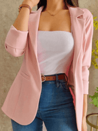 Stylish Women's Solid Blazer with Pockets, Lapel Collar, and Long Sleeves