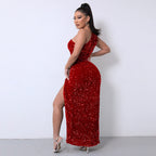 Stylish One-Shoulder Sequin Gown with Bold High Slit