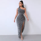 Stylish One-Shoulder Sequin Gown with Bold High Slit