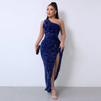 Stylish One-Shoulder Sequin Gown with Bold High Slit