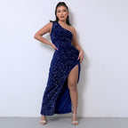 Stylish One-Shoulder Sequin Gown with Bold High Slit
