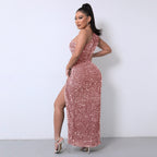 Stylish One-Shoulder Sequin Gown with Bold High Slit