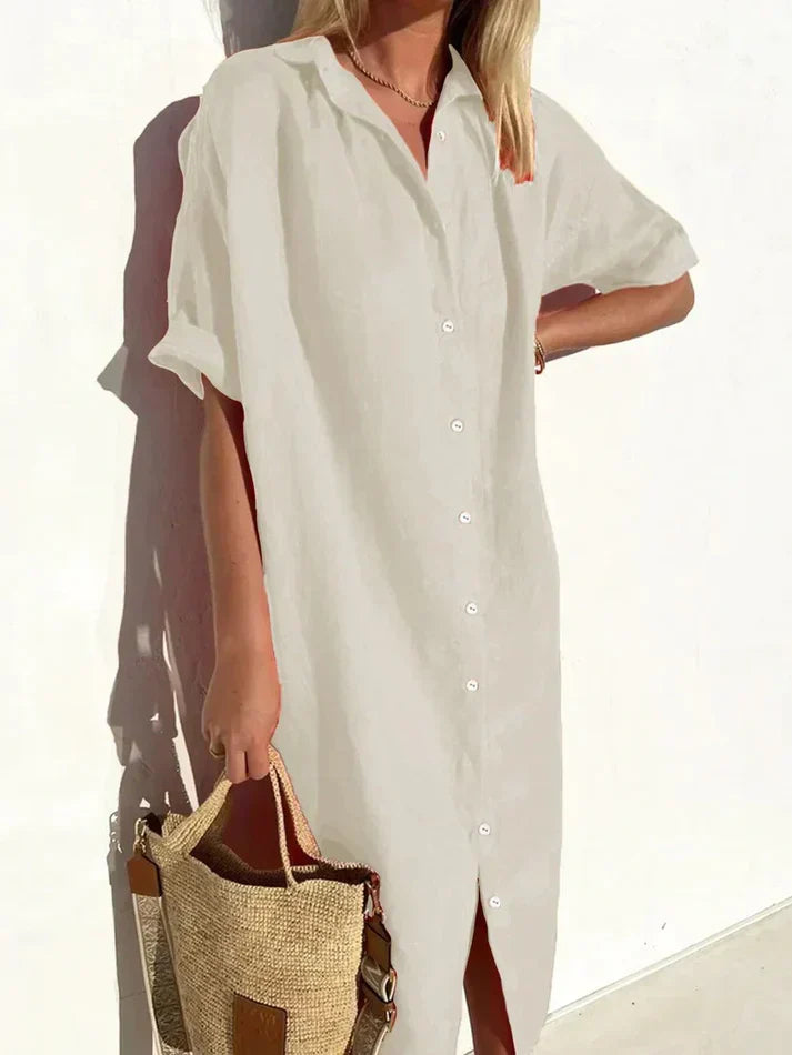 Chic Women's Casual Dress with Wide Sleeves and Button Details, Crafted from Cotton and Linen