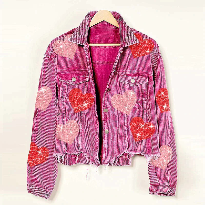 Sequin-Accented Corduroy Jacket with Heart Embellishments