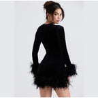 Elegant Sheath Dress with Feather-Trimmed Sleeves