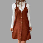 V-Neck Corduroy Dress with Strap Details and Button Accents