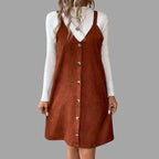 V-Neck Corduroy Dress with Strap Details and Button Accents