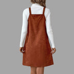 V-Neck Corduroy Dress with Strap Details and Button Accents