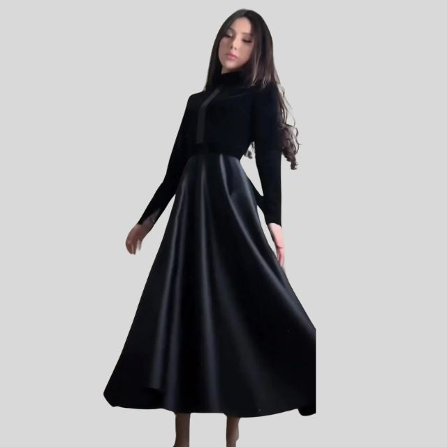 Elegant Velvet Turtleneck Dress with Flared Hem