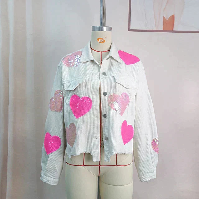 Sequin-Accented Corduroy Jacket with Heart Embellishments