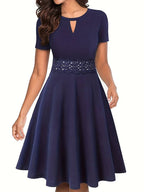 Chic Blue Lace-Detail Dress with Tailored Waist
