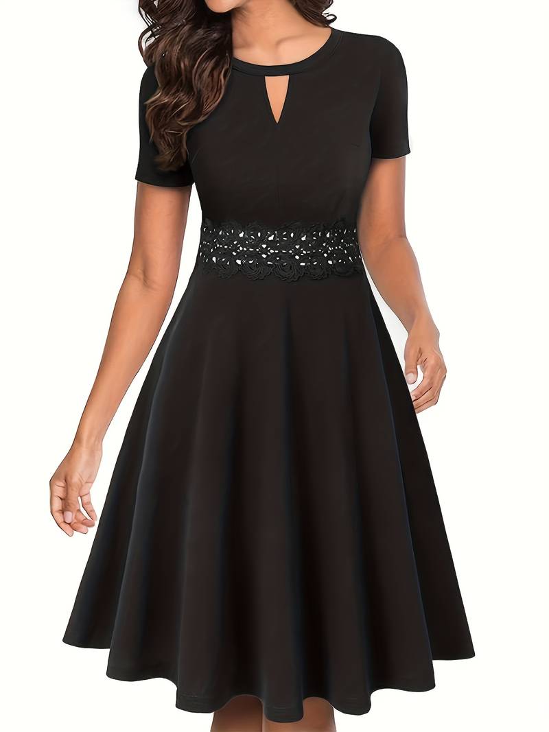 Chic Blue Lace-Detail Dress with Tailored Waist