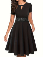 Chic Blue Lace-Detail Dress with Tailored Waist