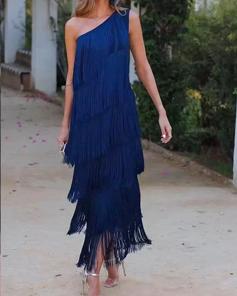 Chic Open-Shoulder Fringe Dress