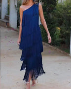 Chic Open-Shoulder Fringe Dress