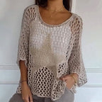 Women's Crochet Knit Mesh Blouse with Round Neck