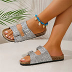Double Buckle Sequin Sandals for Women